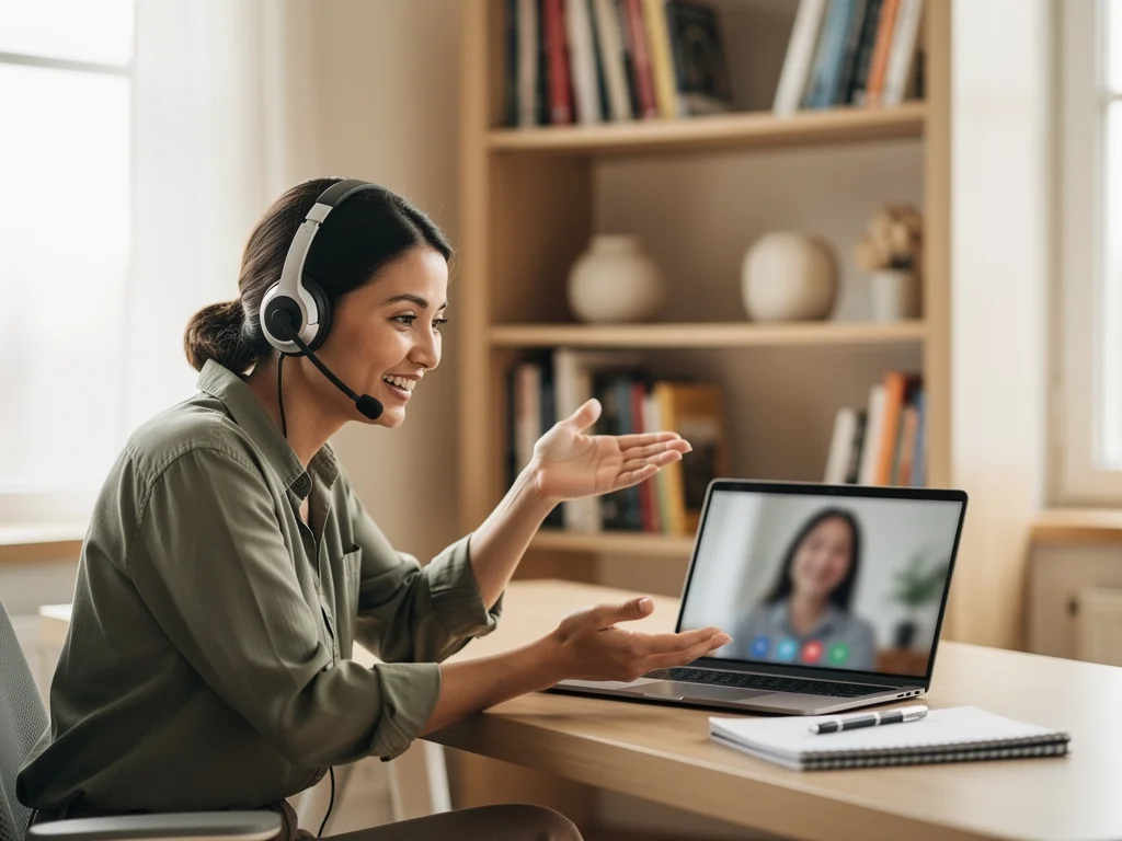 Instructor providing detailed feedback during an online TOEFL speaking assessment to enhance student performance.