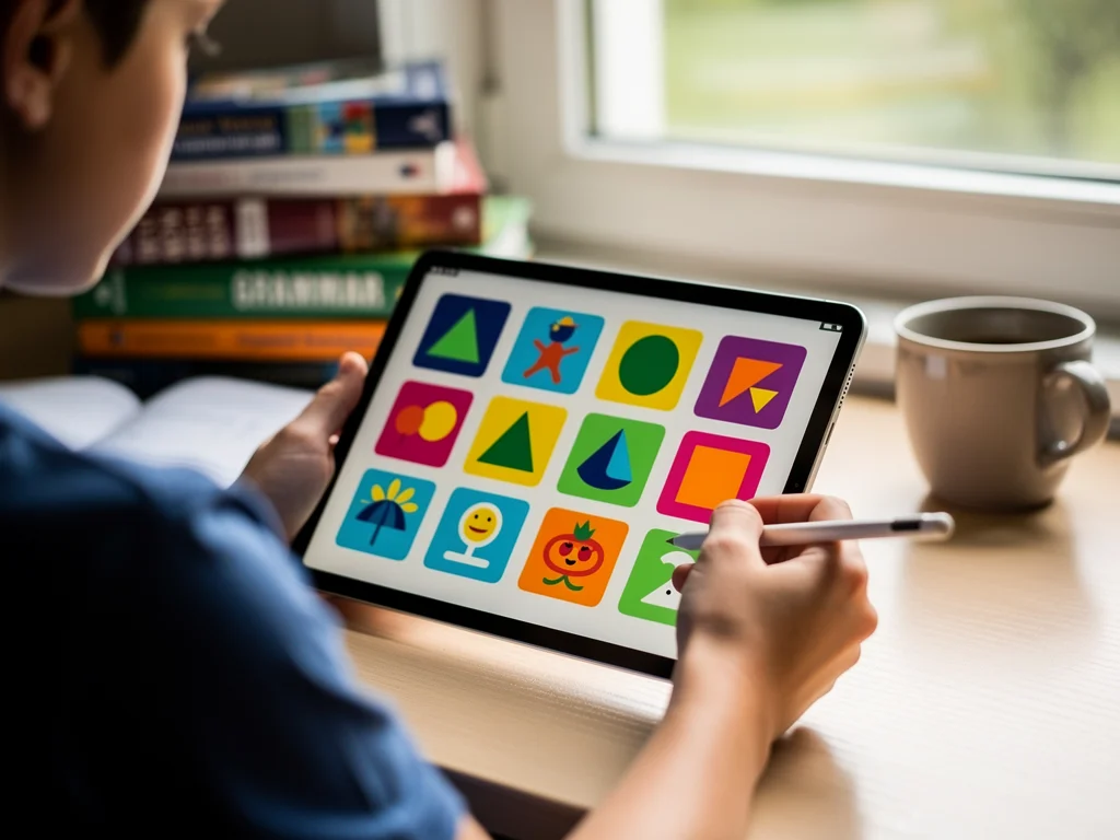 Digital tablet screen showing interactive exercises designed to boost vocabulary and grammar for language proficiency exams.